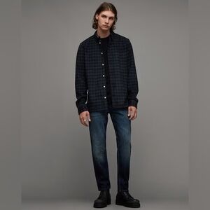 ALLSAINTS Volans Ramskull Brushed Check Flannel Shirt Jet Black/Blue Size XXL
